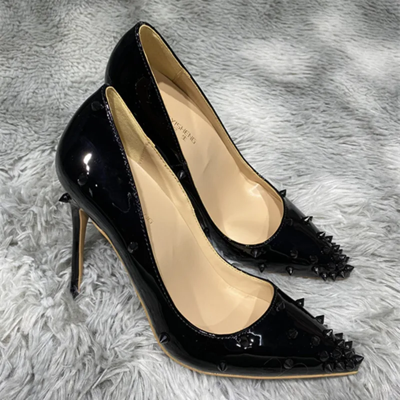 Women Black Patent Rivet Spiked Pointed Toe Pumps Stiletto High Heels Ladies Nightclub Party Evening Punk Dress Heeled Shoes