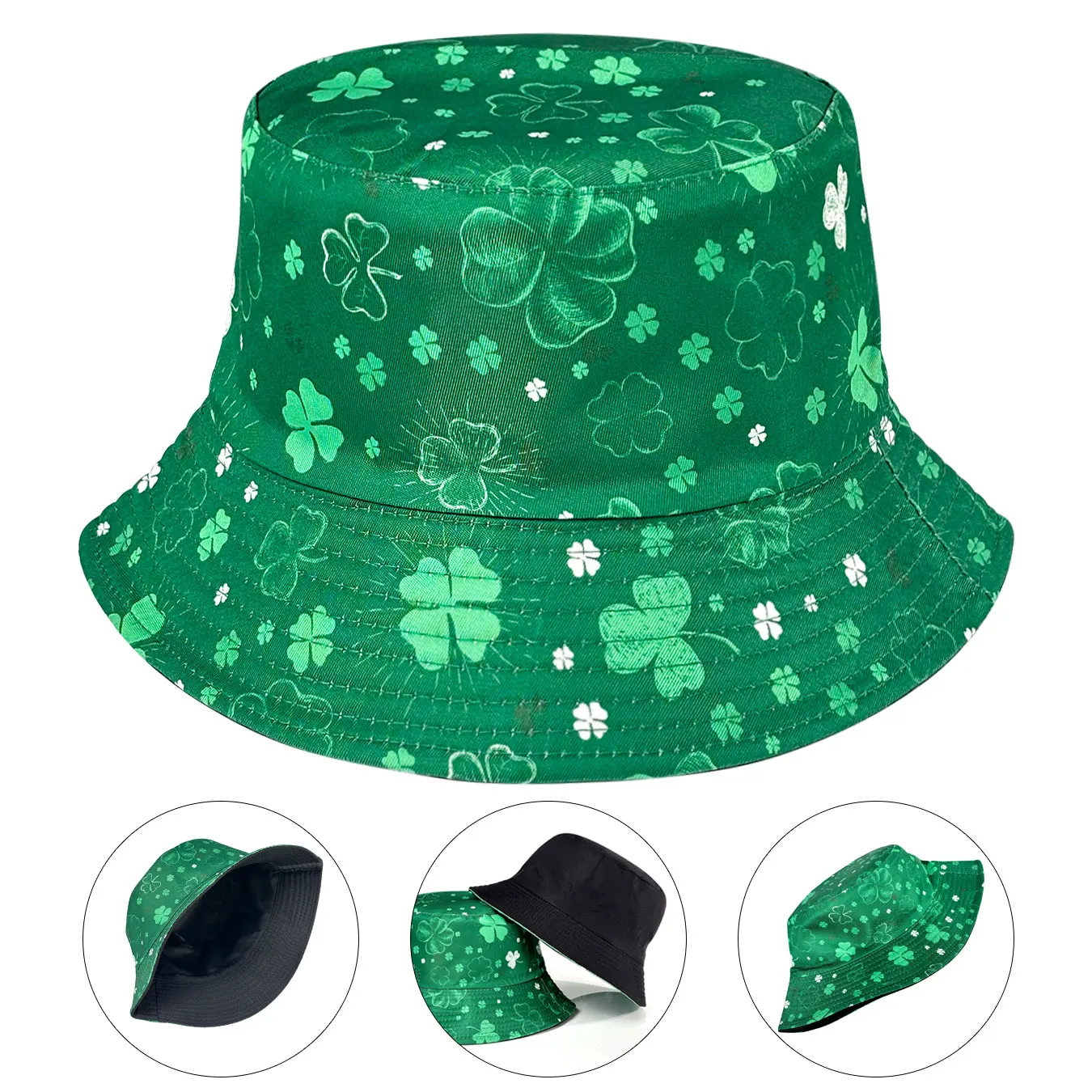 Lucky Four-Leaf Clover Couple's Bucket Hat, Classic Black Double-Sided Design on the Reverse, Reversible, Fashionable All-Season Hat, Unisex, Lightweight and Foldable, Suitable for Outdoor Casual Sun Protection.