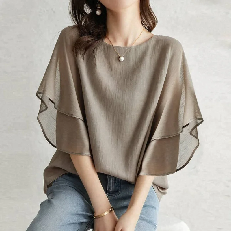 Ladies' Office Shirt with Bat Sleeves And round Neck Loose Fit Wool Blend T-Shirt Commute Style Iron Free Spring Season