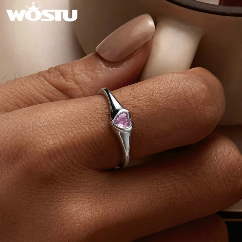 WOSTU 925 Sterling Silver Pink Heart Wedding Party Open Women Ring Handmade Jewelry Romantic Love CZ Rings Girl Birthday Gift