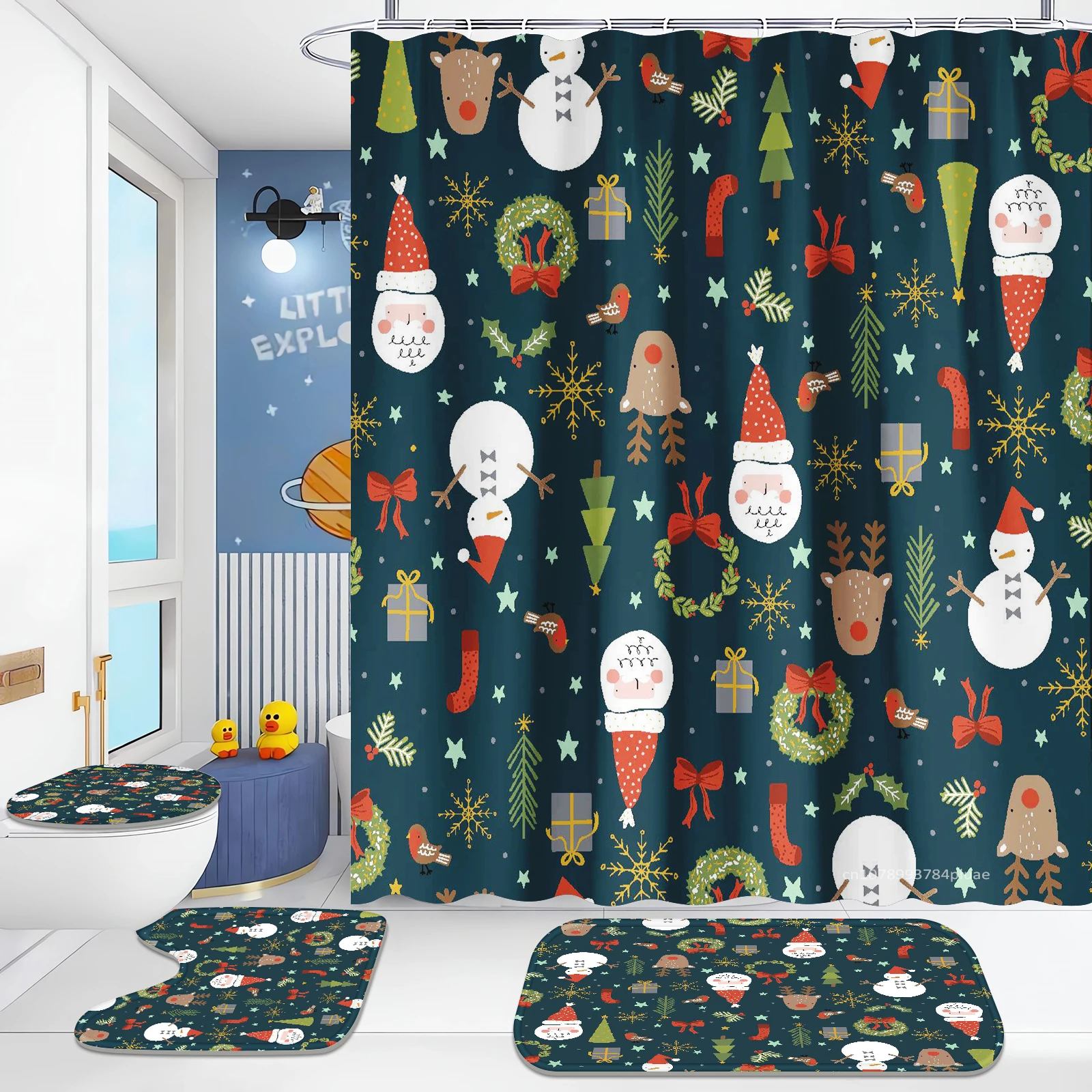 Shower Curtain Four-piece Set Christmas Style Santa Claus Elk Cartoon Bathroom Decoration Waterproof and Mildew-proof