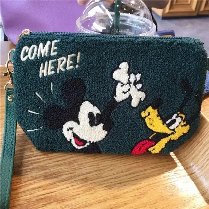 Disney Mickey Mouse Cartoon Corduroy Makeup Bag For Women Coin Purse Girl Cute Travel Toiletries Organizer Zipper Cosmetic Bag