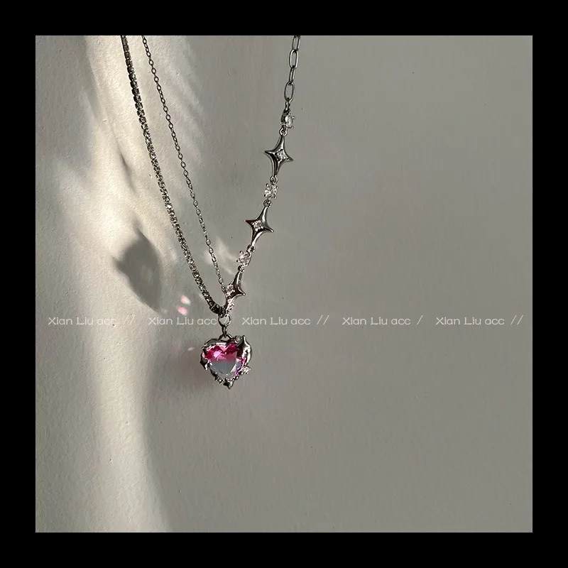 الحلو وبارد كبير الوردي الماس الحب قلادة المرأة الصيف سلسلة عنق الترقوة سلسلة المرأة قلادة 2022 المرأة الجديدة