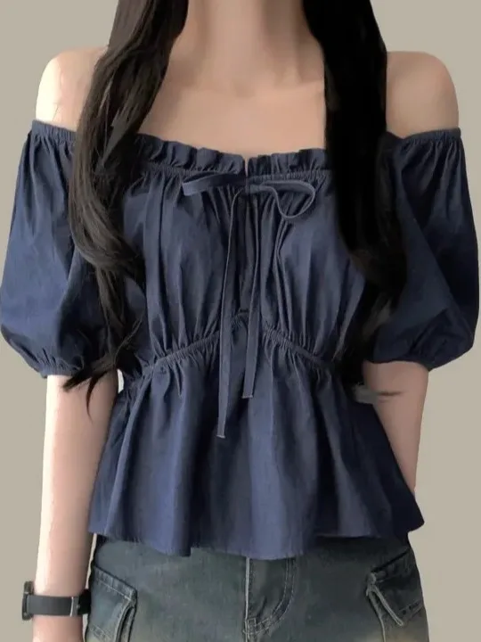 

Korean Sle Sweet Spicy ort Sve Women's irt Summer New Lobone One oulder Bubble Sve Waist Inward Denim Top Trendy