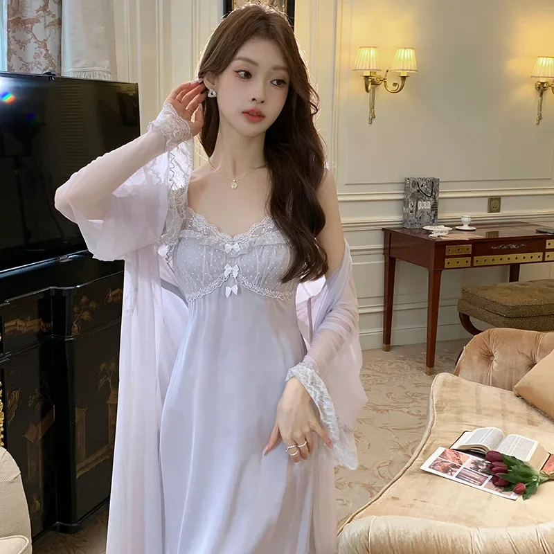 Women Sweet Satin Robe Sets Lace Fairy Peignoir Solid Color Princess Sleepwear Autumn Sexy Ice Silk V Neck Nightdress Two Pieces