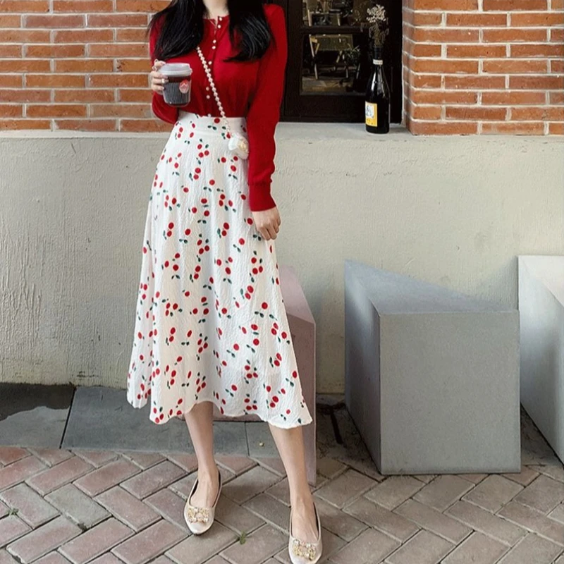 

Женская юбка миди А-силуэта с высокой талией, расклешенная, с вишневым цветочным принтом, новая модель весна-лето