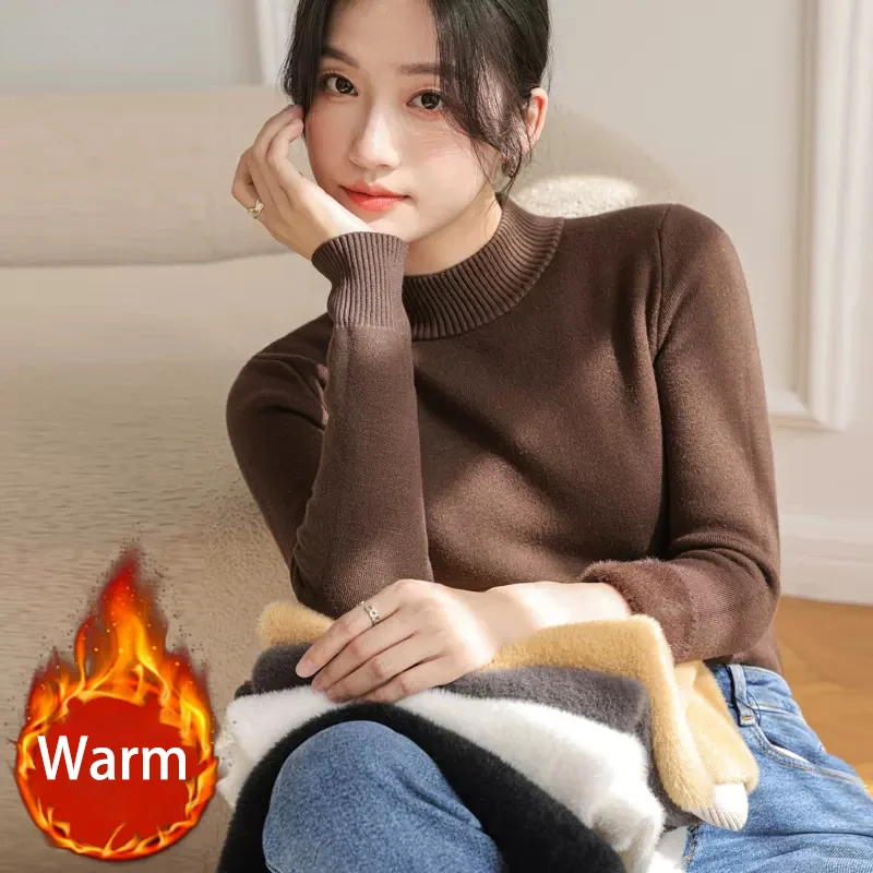 

Winter Basic Plus Velvet Half Turtleneck Inner Knitted Sweater Solid Color All-match Soft Long Sleeve Pullover Sweater Top N504