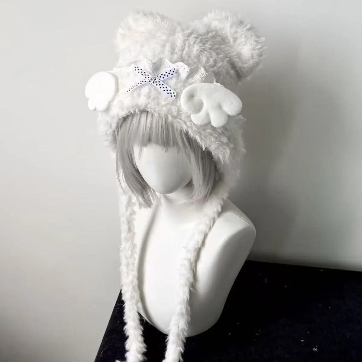 Subculture Y2k Cat Ear Hat Gothic Punk Angel Wing Lace Bow Decoration Fluffy Autumn Keep Warm Beanie Warm Knitted Fluffy Caps