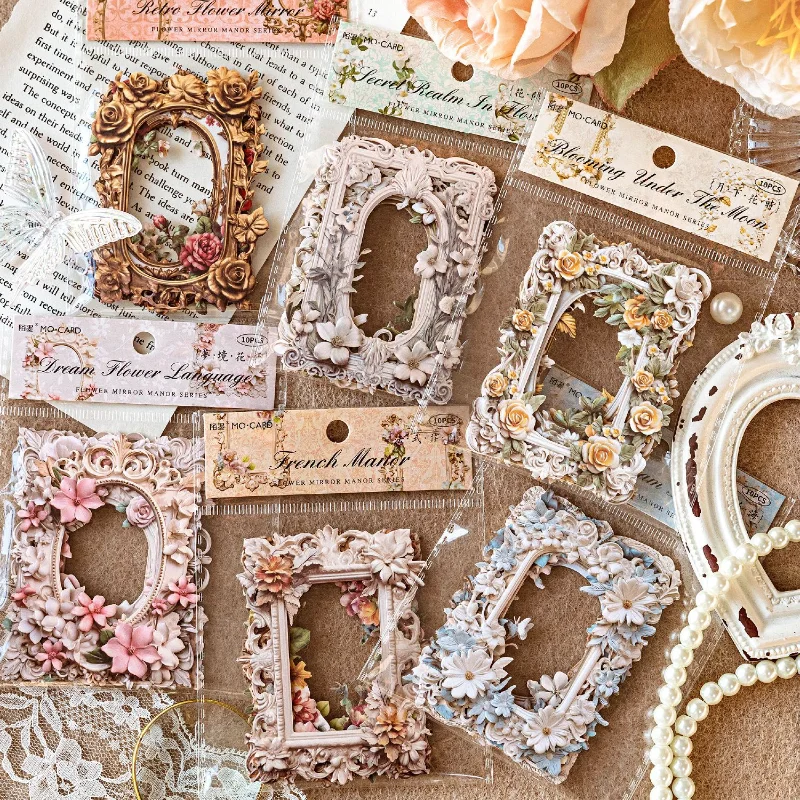 10 Pcs Vintage Floral Mirror Manor Series Hollow Out Decorative Paper Scrapbook Handbook DIY Journal Collage Aesthetic Material