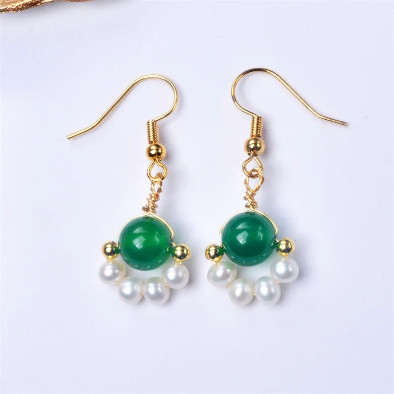 

NYMPH новые серьги-капли с пресноводным жемчугом, ювелирные изделия для ушей из зеленого агата 8-9 мм, изысканный подарок ручной работы на годовщину для женщин E587