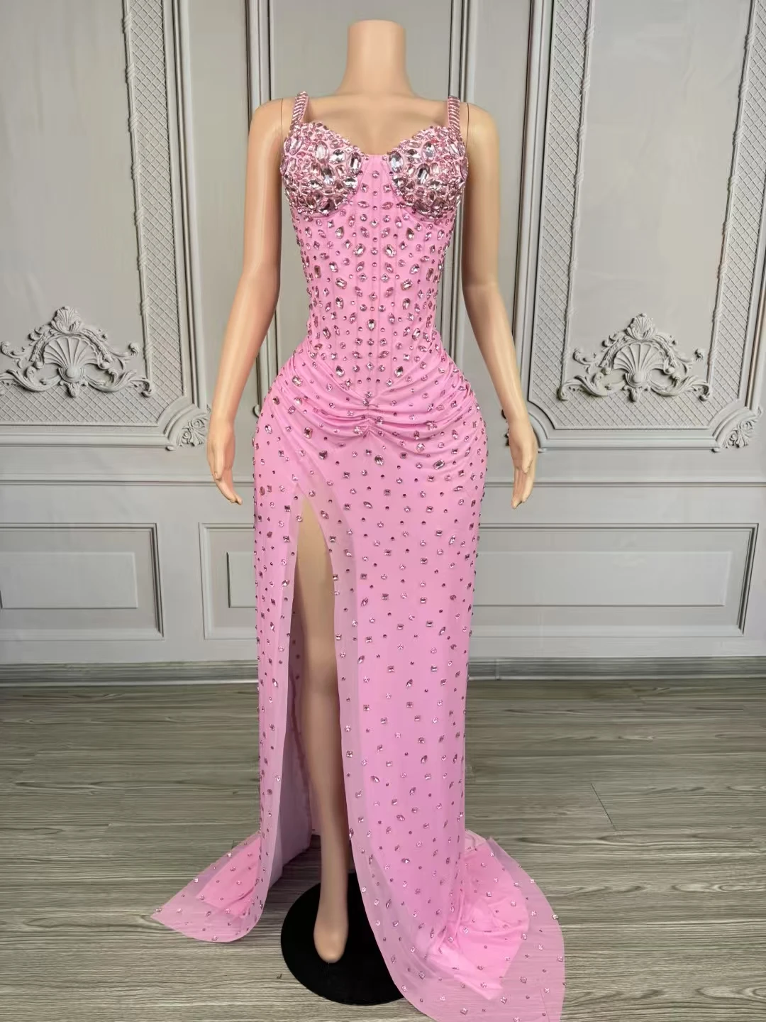 

Rhinestones Split Floor-length Dress forWomen Sexy Mesh Evening Prom Event CelebrateBirthday Dress Photo Shoot Wear D192