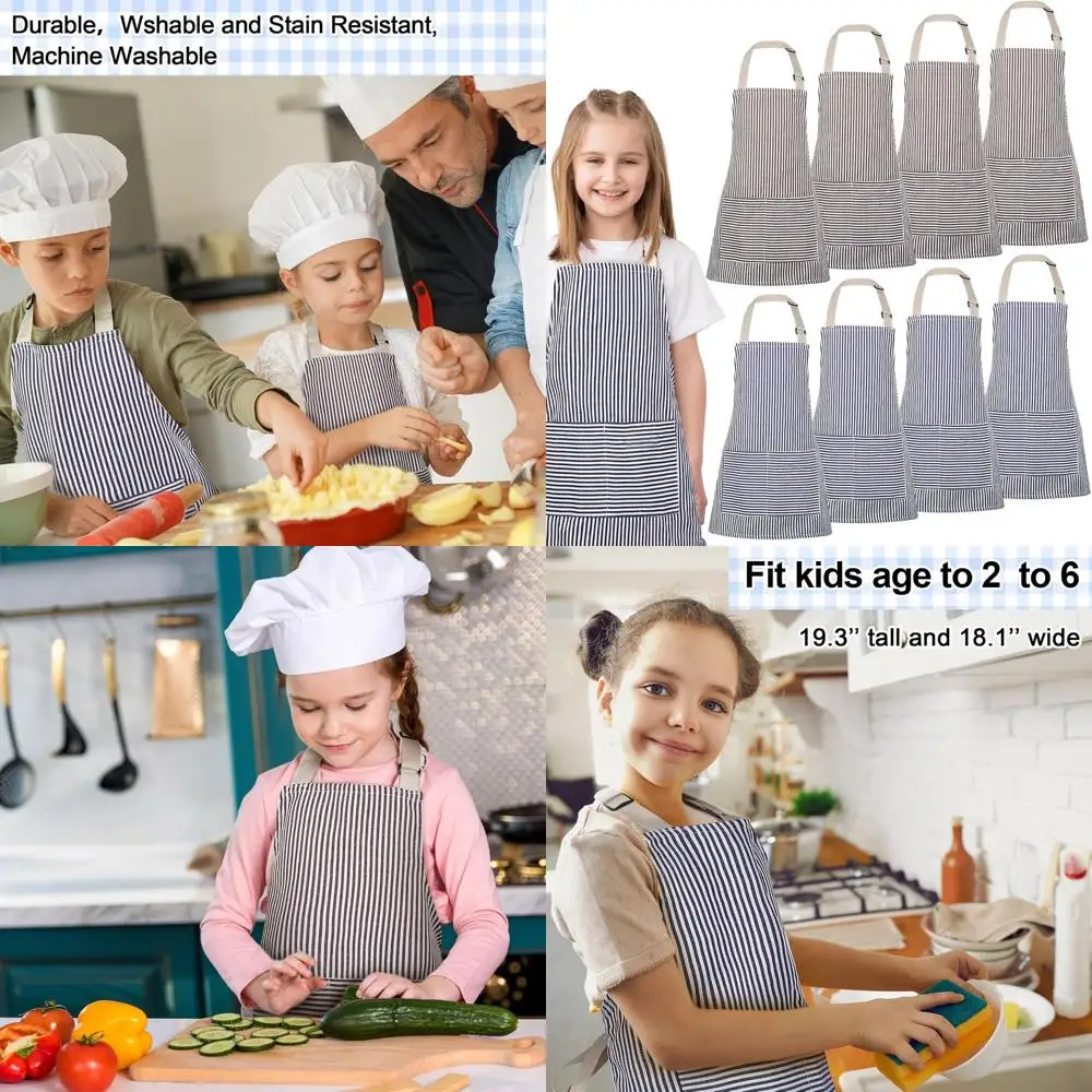 

Toddler Chef Apron Set with 8 Pieces, Cotton-Made, Adjustable Bib, 2 Pockets, Unisex Blue & Brown