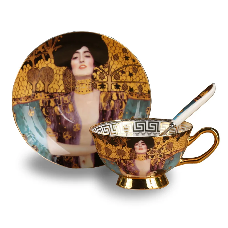 Coffee Cup And Saucer Set Klimt Judith Vintage Bone China Cafe Cup Gustav Klimt Porcelain Tea cups with Spoon Drinkware Coffeewa