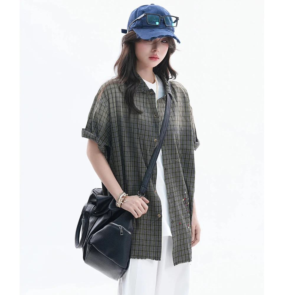 Women's Blouses and Shirts Vintage Check Gradient Short Sleeve Women's Plaid Shirt Star Embroidery Unisex Loose Fit Women's Tops