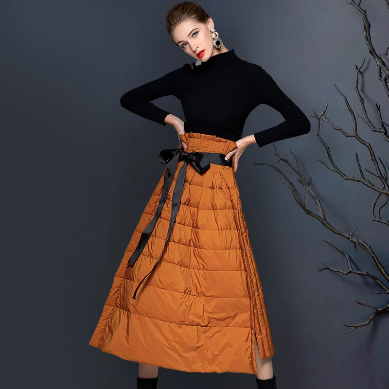 

Trend Winter New Down Skirt Solid Split A-Line Skirt High-Waisted Women's Mid-long Cake Skirts Warm Kawaii Skirt Tie-Up Bow