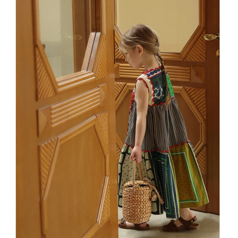 Girl Toddler Cotton Patchwork Long Dress Unique Stylish Tank Top Dress Doll-style Trendy Ethnic-style Dress 2-12 Years Outfit