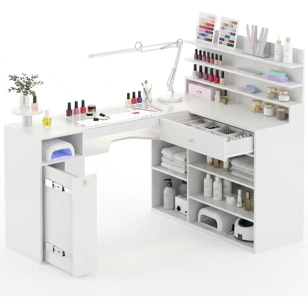 

60 L-Shaped Glass Top Manicure Desk with Storage for Nail Technicians