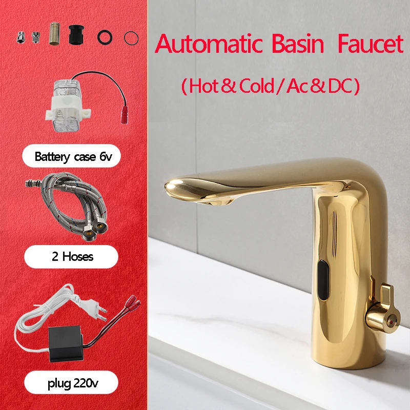 

bathroom automatic smart sink faucet taps body full copper brass brushed golden color mixer water cold and hot ac 220 & dc power