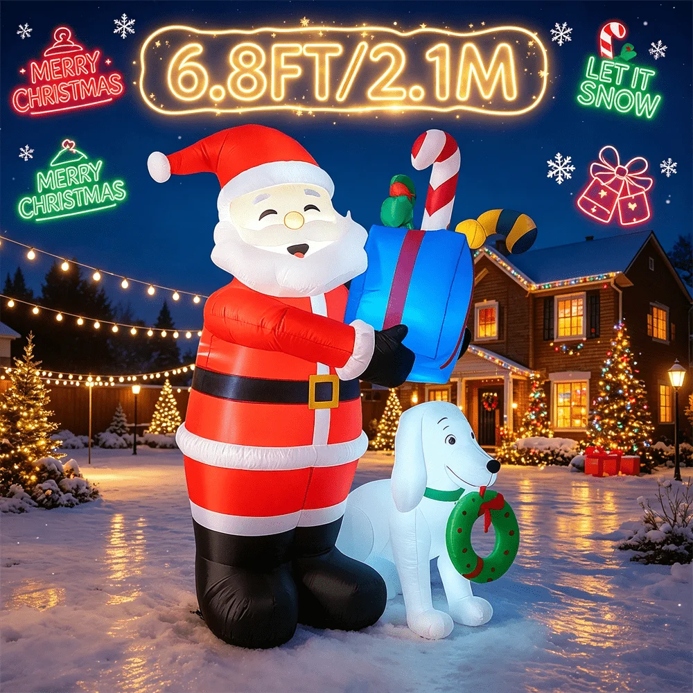 6.8FT Christmas Inflatable Model Santa with Dog LED Xmas Outdoor Decoration Holiday Yard Decor for Christmas Festive Carnival