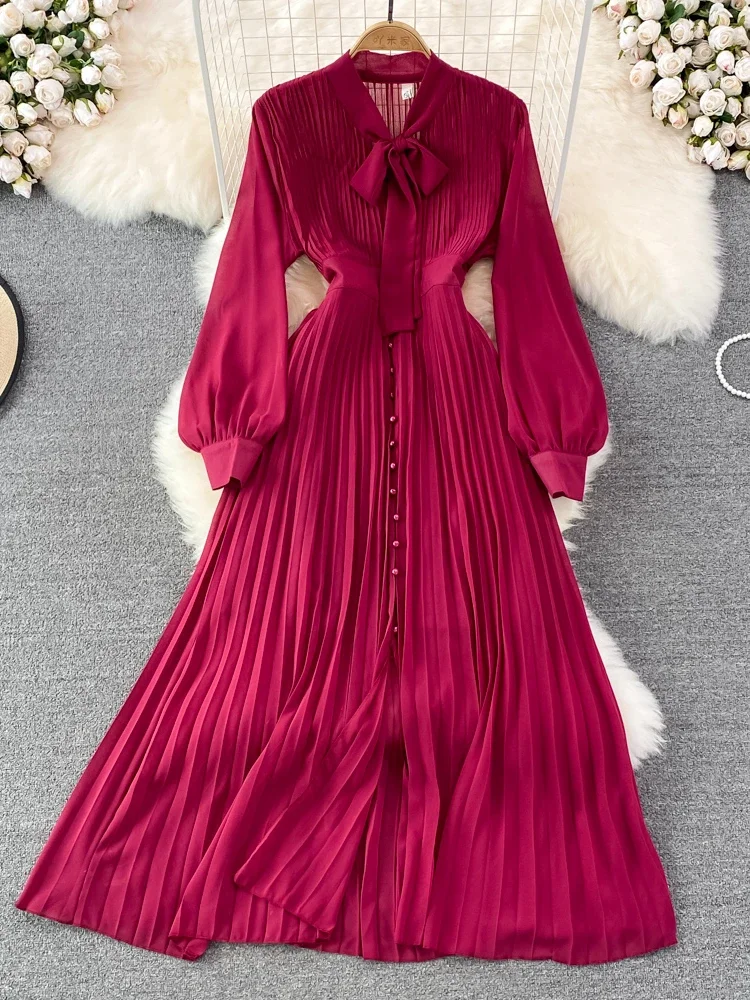 Women Elegant Pleated Dress Spring Autumn Temperament Bow Tie V-neck Slim Single-breasted A-line Party Dresses Ladies Long Dress