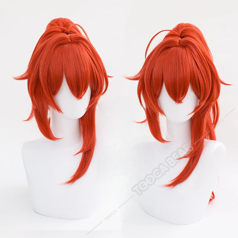 Diluc Ragnvindr Cosplay Wig Game Genshin Impact Red Ponytail Hair Heat-resistant Fiber Hair+Wig Cap Halloween Party