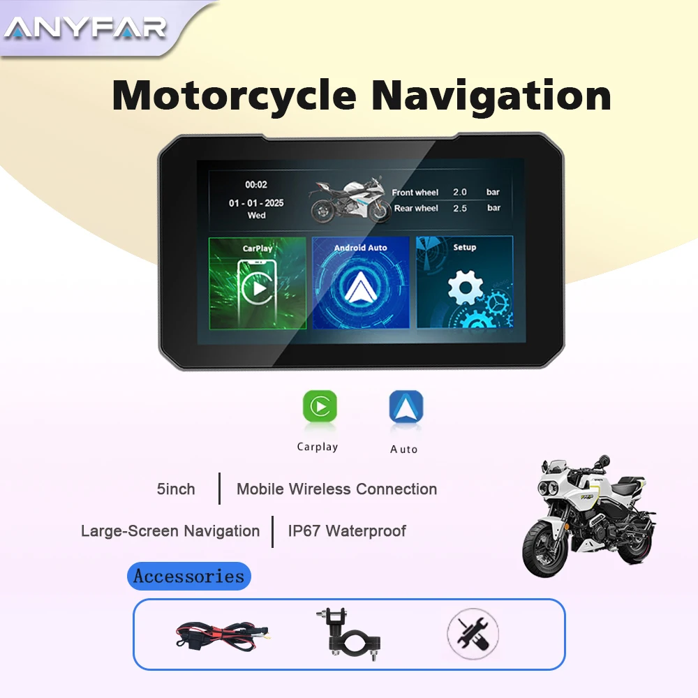 

5-дюймовый портативный GPS-навигатор для мотоциклов с защитой IP67, беспроводным CarPlay и Android Auto, сенсорный экран, мультимедийный проигрыватель