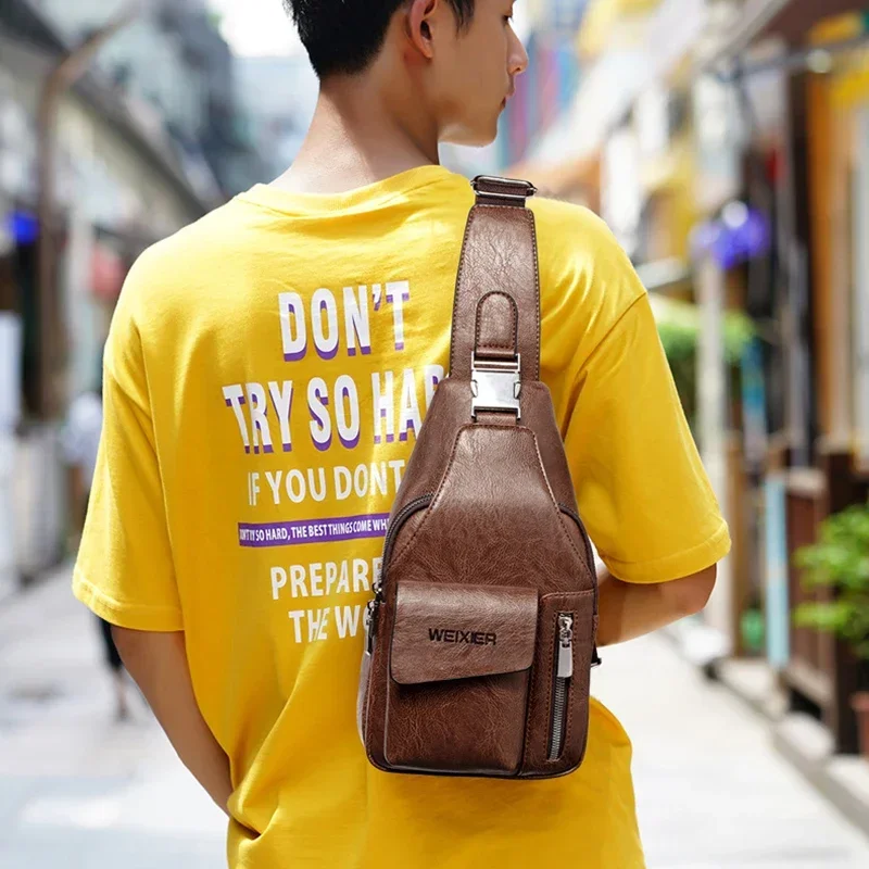 Men Cross body Sling Backpack Shoulder Messenger Bag Travel Fashion Trend Casual Retro PU Leather Male Crossbody Side Chest Bags