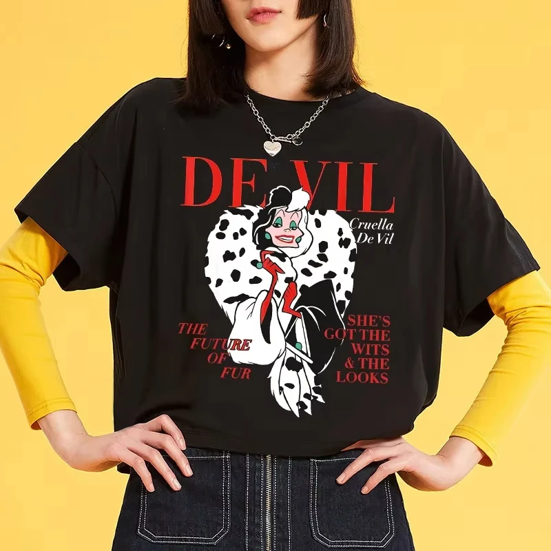 

Disney New Black and White Witch Devil Cartoon Cuira Cruella Print Fashion T-Shirt Women's Short Sleeve Loose Plus Size Top