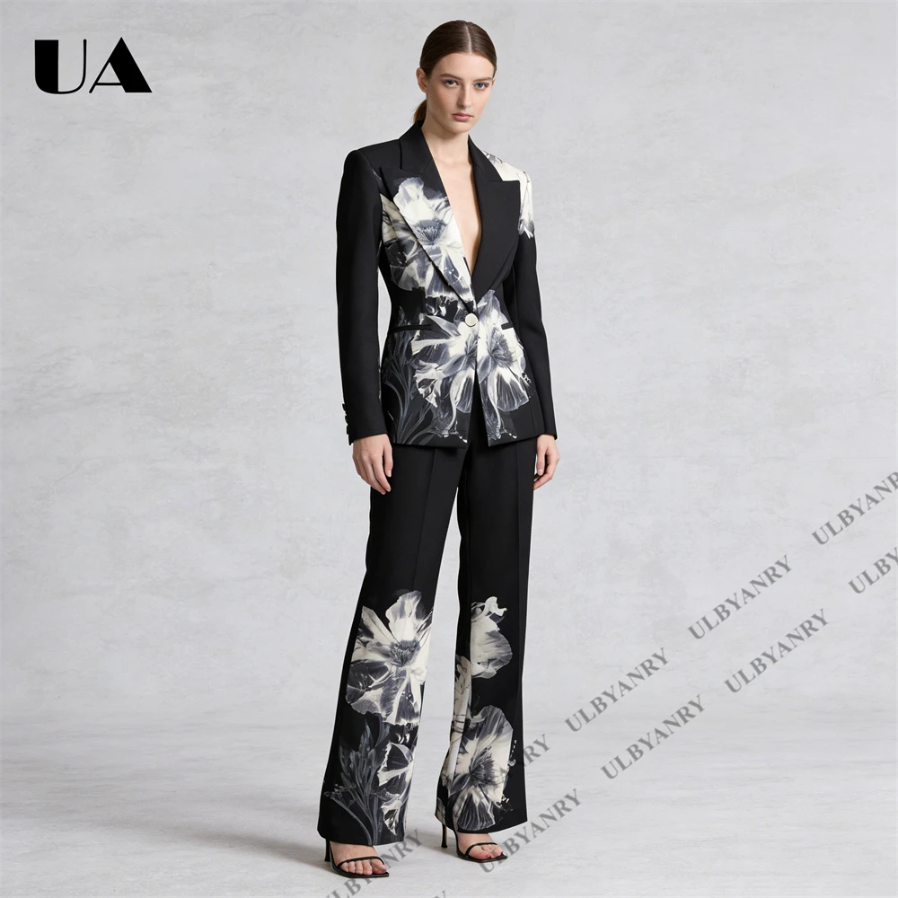 Women’s Floral Print Blazer & Trousers Set, Wide Leg Pants, Elegant Office Wear or Evening Outfit 2-Piece Slim Fit Suits