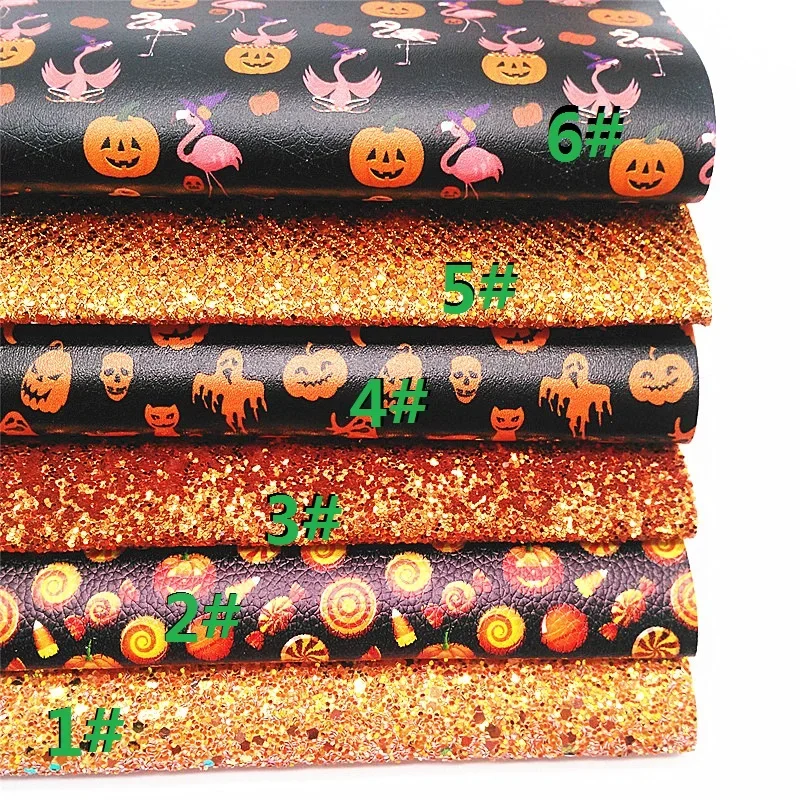 Halloween Leather sheets Orange Glitter Leather Sheets Pumpkins Bats Ghosts Printed Faux Leather For DIY Craft 8.2