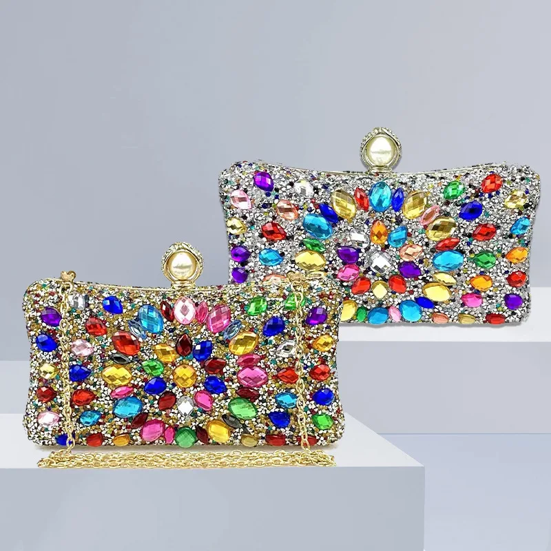 Colored Sparkling Gemstone Diamond Bag Banquet Bridal Cheongsam Bag Diagonal Span Hand-held Fashion Bag Sac De Marque Luxe Femme