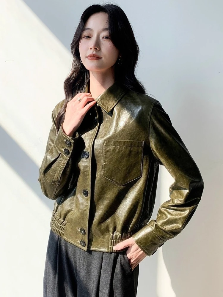 Vintage Genuine Leather Cropped Jackets for Women Spring Autumn High-end Simple Single Breasted Soft Oil Wax Real Sheepskin Coat