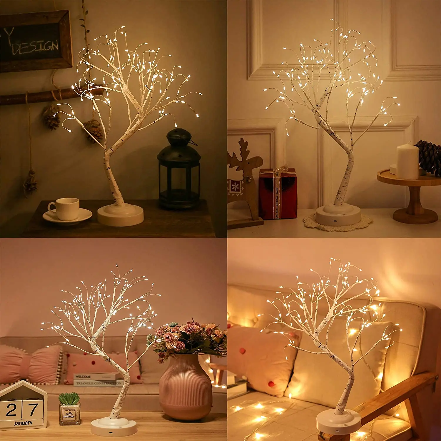 Minilámpara LED de abedul para mesa, luz de noche para árbol de Navidad, 8 modos, USB/batería, luces de noche decorativas para mesita de noche