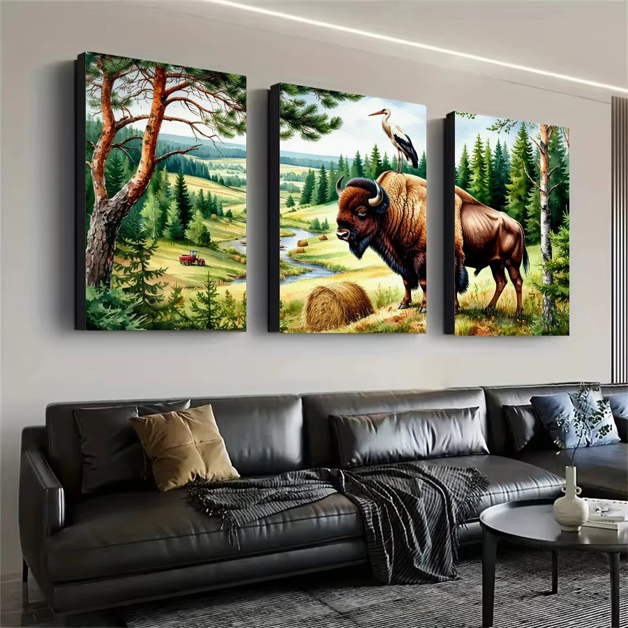 Forest Scenery Yellow Cattle Picture Diy Diamond Art Painting Triptych Animals Full Drill Mosaic Embroidery Kits 3 Pieces/Set