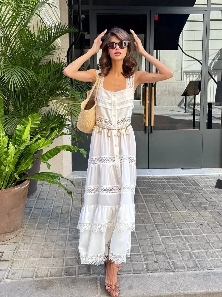 

Белое кружевное платье-миди с вырезами и многослойным подолом, женское, однотонное, без рукавов, с квадратным вырезом, а-силуэт, новинка 2026 года, для отпуска и улицы