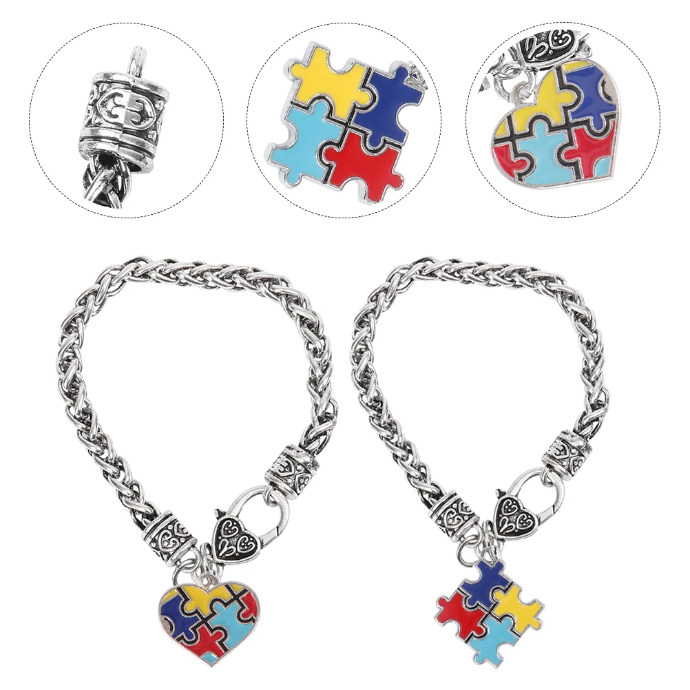 2 Pcs Heart Puzzle Bracelet Autism Awareness Decor Puzzles Hand Jigsaw Elasticity