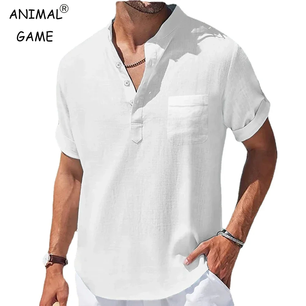 

Men's casual stand-up collar summer solid-color short-sleeved linen shirt, fashionable, breathable and loose youth top with pock