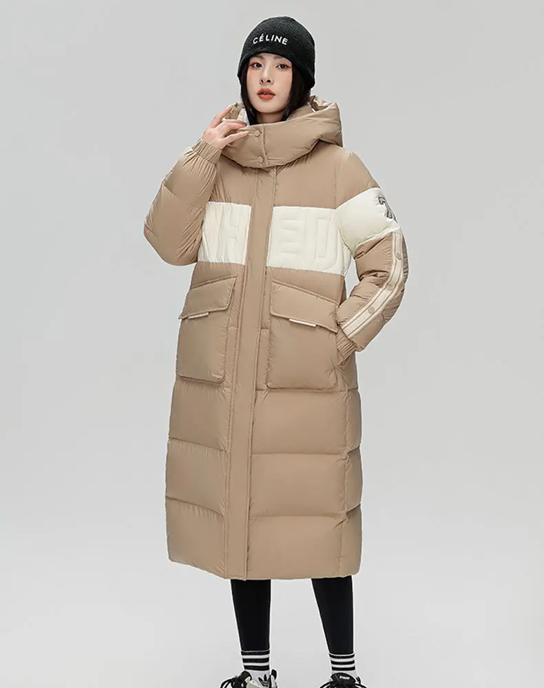 Winter Long Patchwork Hooded Down Jacket Female Big Pocket Warm Parker Outwears Women White Duck Down Knee Length Down Jackets