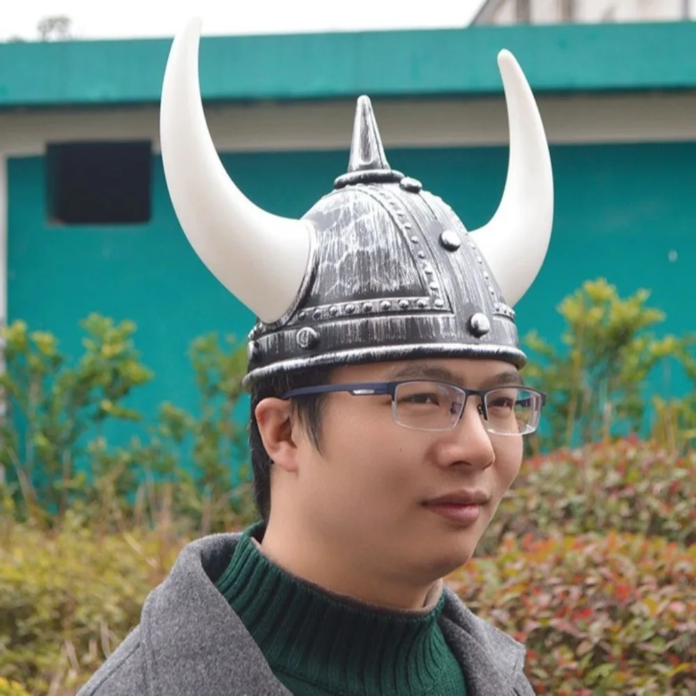 Plastic Viking Horn Hat Helmet with Braids Antiqued Medieval Warrior Knight Hat Realistic Head Ornament