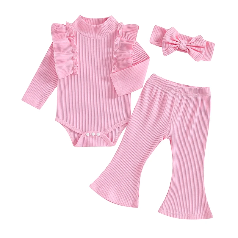 

Baby Girl Fall Outfit Solid Color Ruffle Mock Neck Long Sleeve Ribbed Romper Flare Pants Bow Headband 3 Piece Set