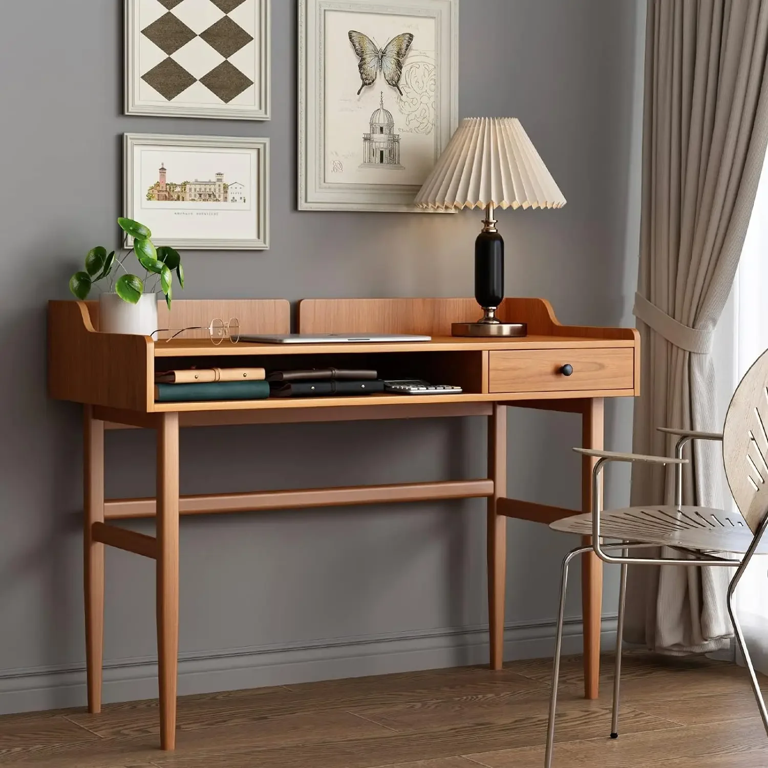 Vintage-Style Desk with Scandinavian Flair, Computer or Laptop Desk, Writing Desk with Drawer and Open Storage Cubby, Small Spac