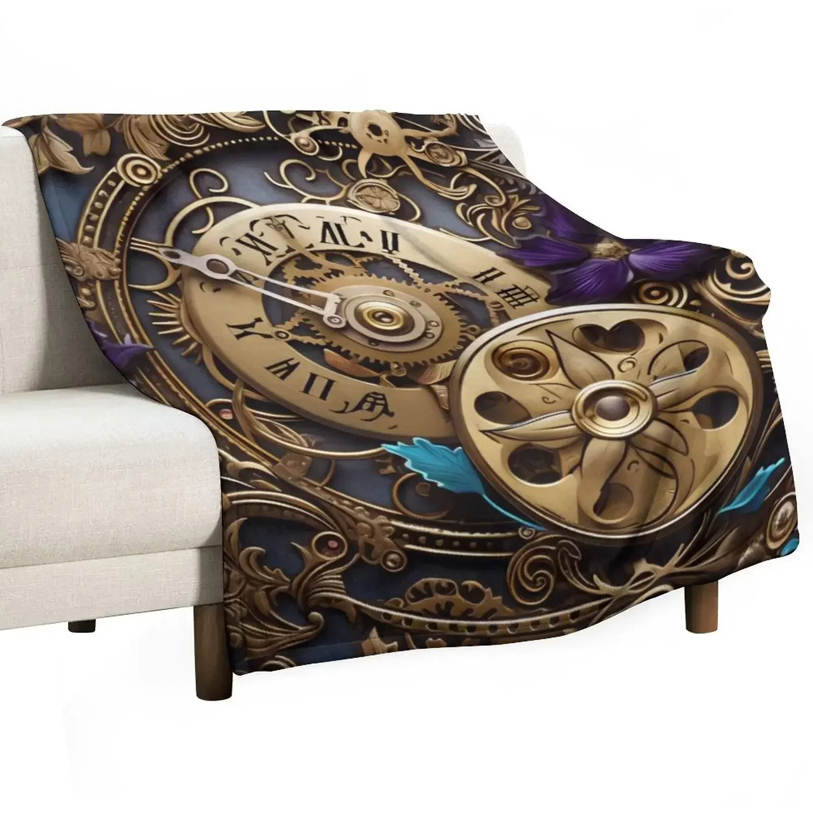 Steampunk Flowers and Rusty Clockwork with Dark Background Throw Blanket Summer Hair blankets and throws Plush Blankets