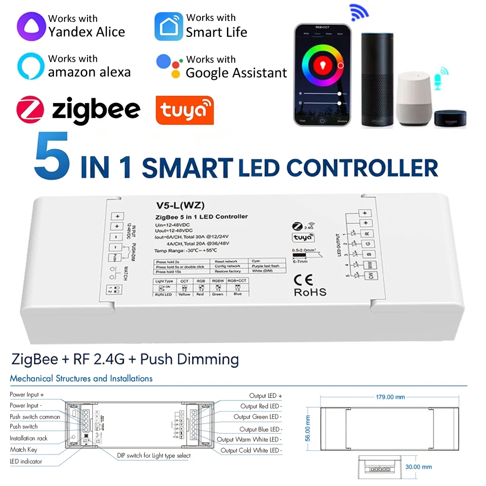 Tuya ZigBee 5 in 1 LED Strip Controller DC12V-48V V5-L(WZ) RGBCCT/RGBW/RGB/CCT/Dimmer APP Voice Control Work with Alexa Home