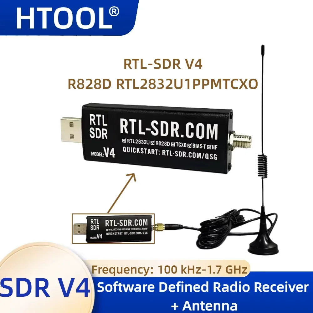 Récepteur Radio défini par logiciel SDR V4 HTOOL RTL-SDR V4 RTL2832U 1PPM TCXO HF BiasT SMA Radio définie par logiciel + antenne