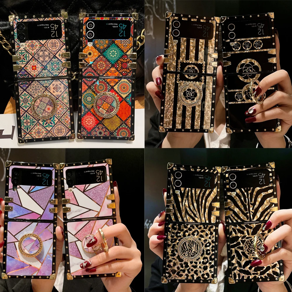 Luxury Glitter Leopard Pattern Flower Cover For Samsung Galaxy Z Flip 6 Case Flip 5 Lip Case For Samsung Galaxy Z Flip 3 Flip 4