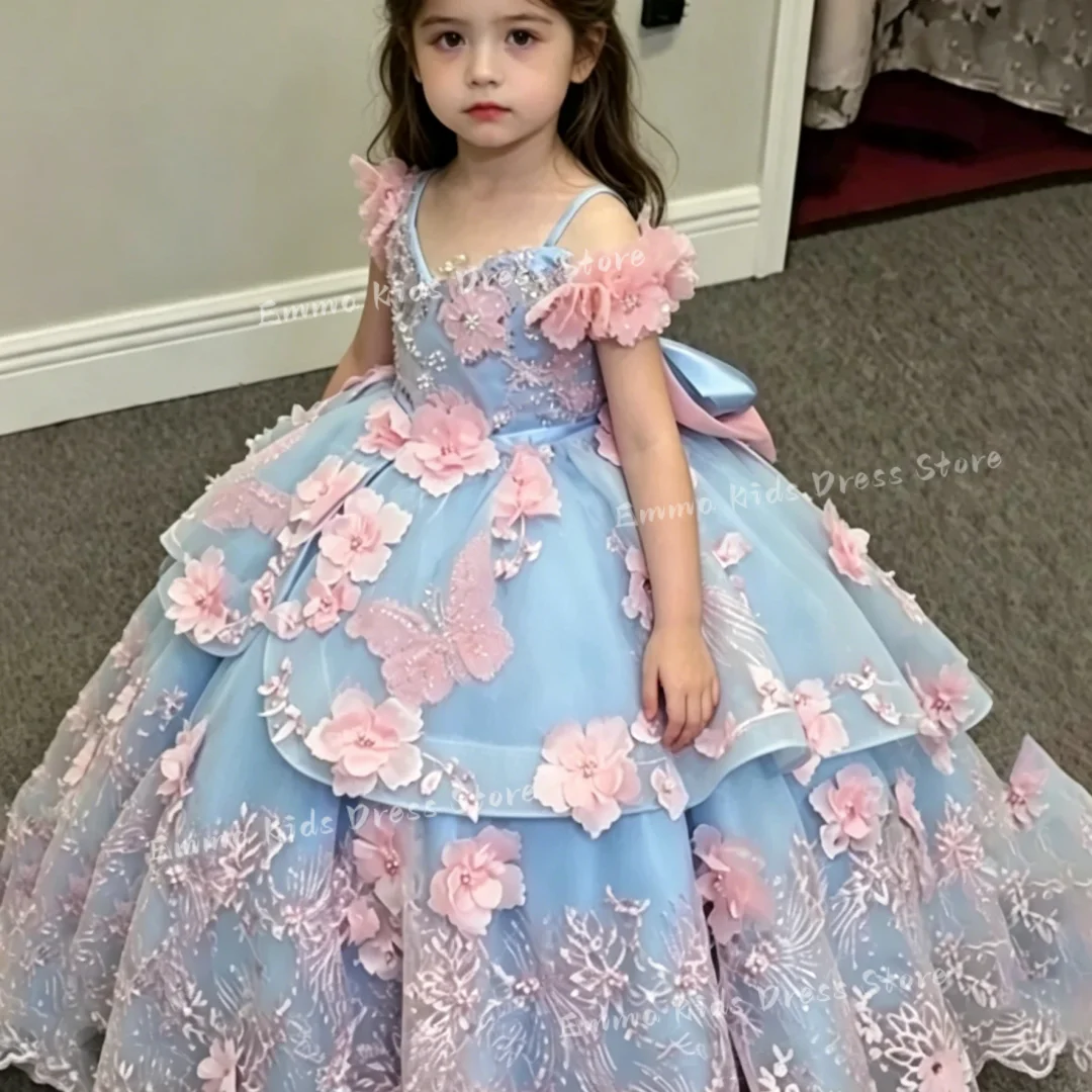 Gorgeous Flower Girl Dress Sky Blue\Pink Lace Straps A-Line Ball Gowns For  Appliques Spaghetti Wedding First Communion Dresses