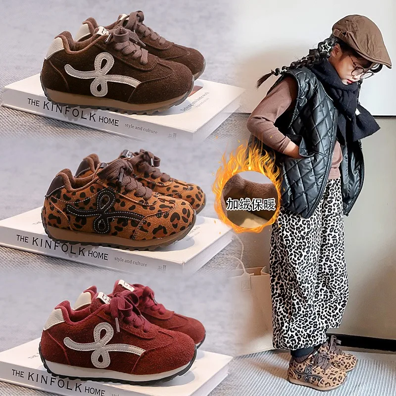 

Children's Lightweight and comfortable Fleece Lined Sports Shoes Casual Cotton Leopard Print Running Shoes for Boys And Girls