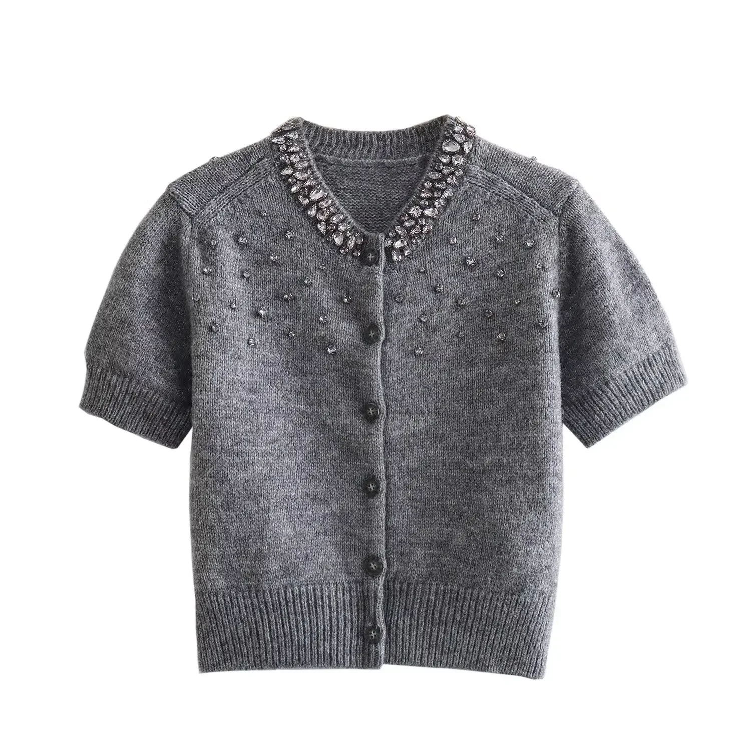 TRAF 2024 Autumn Cardigan Women\'s Fashion Jewelry Embedding Rib Decoration Round Neck Short Sleeve Knitted Coat 3859/001