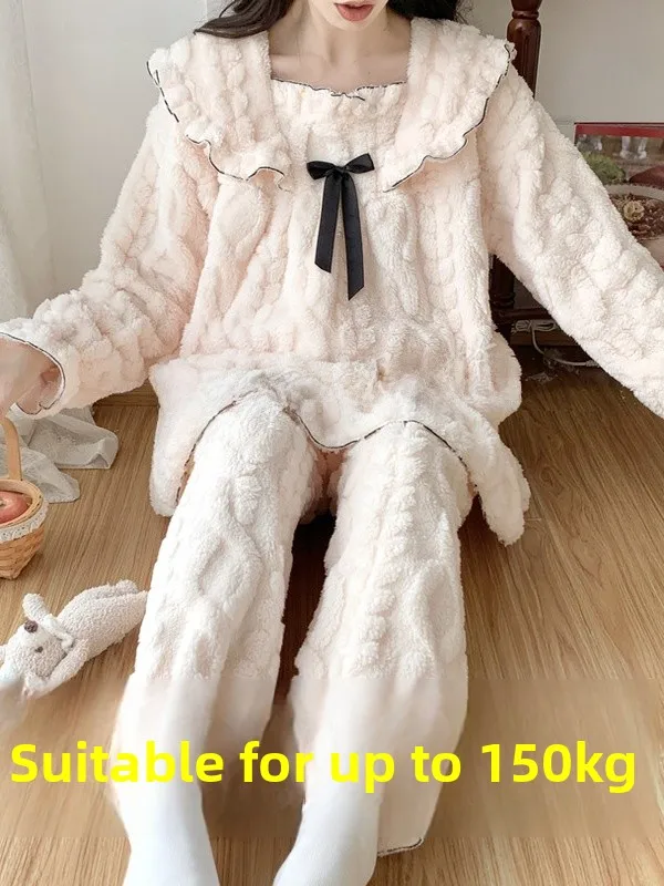 

plus Size Women's Flannel Sleepwear Autumn Winter Home Clothes Set Coral Fleece Soft Long Sleeve round Neck Home Comfortable
