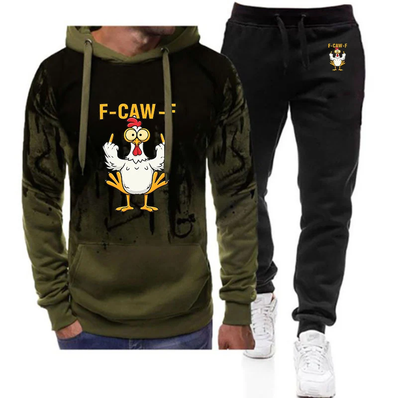 

2026 Spring And Autumn Men's F Caw F Chicken Print Gradient Color Drawstring Fashion Hoodies+Sports Long Pants Suit